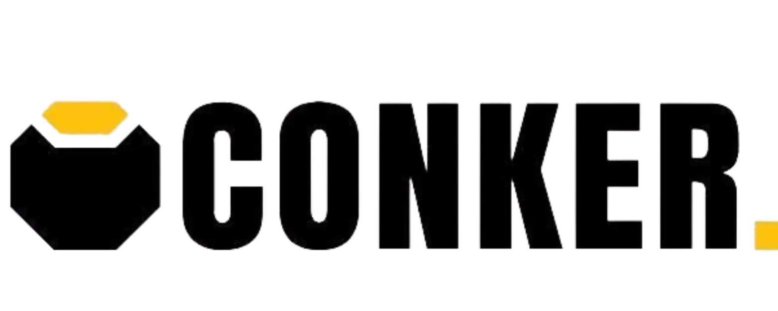 Black ’conker’ logo with yellow rectangular accents on either side.