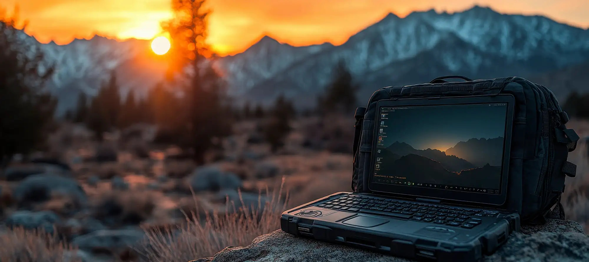 Black rugged laptop with reinforced casing and integrated carrying strap, displayed outdoors against a mountainous sunset backdrop