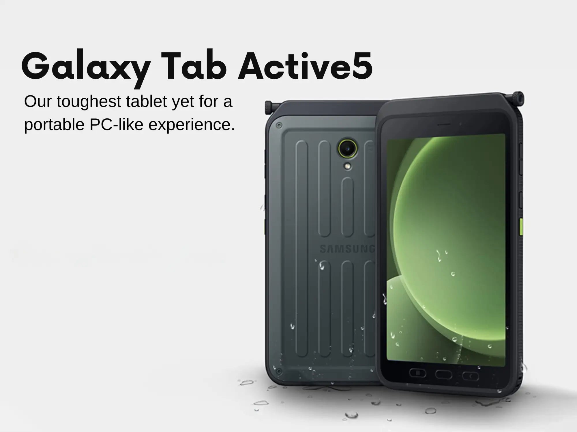 Black samsung galaxy tab active5 tablet with a rugged, textured back and water-resistant design.