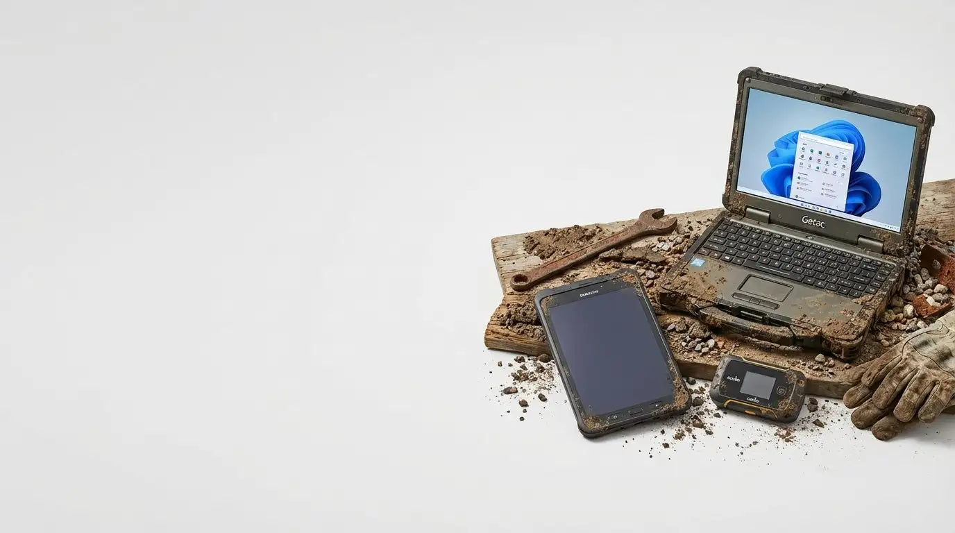 Dusty black rugged laptop with a visible ’geotab’ logo on the screen bezel