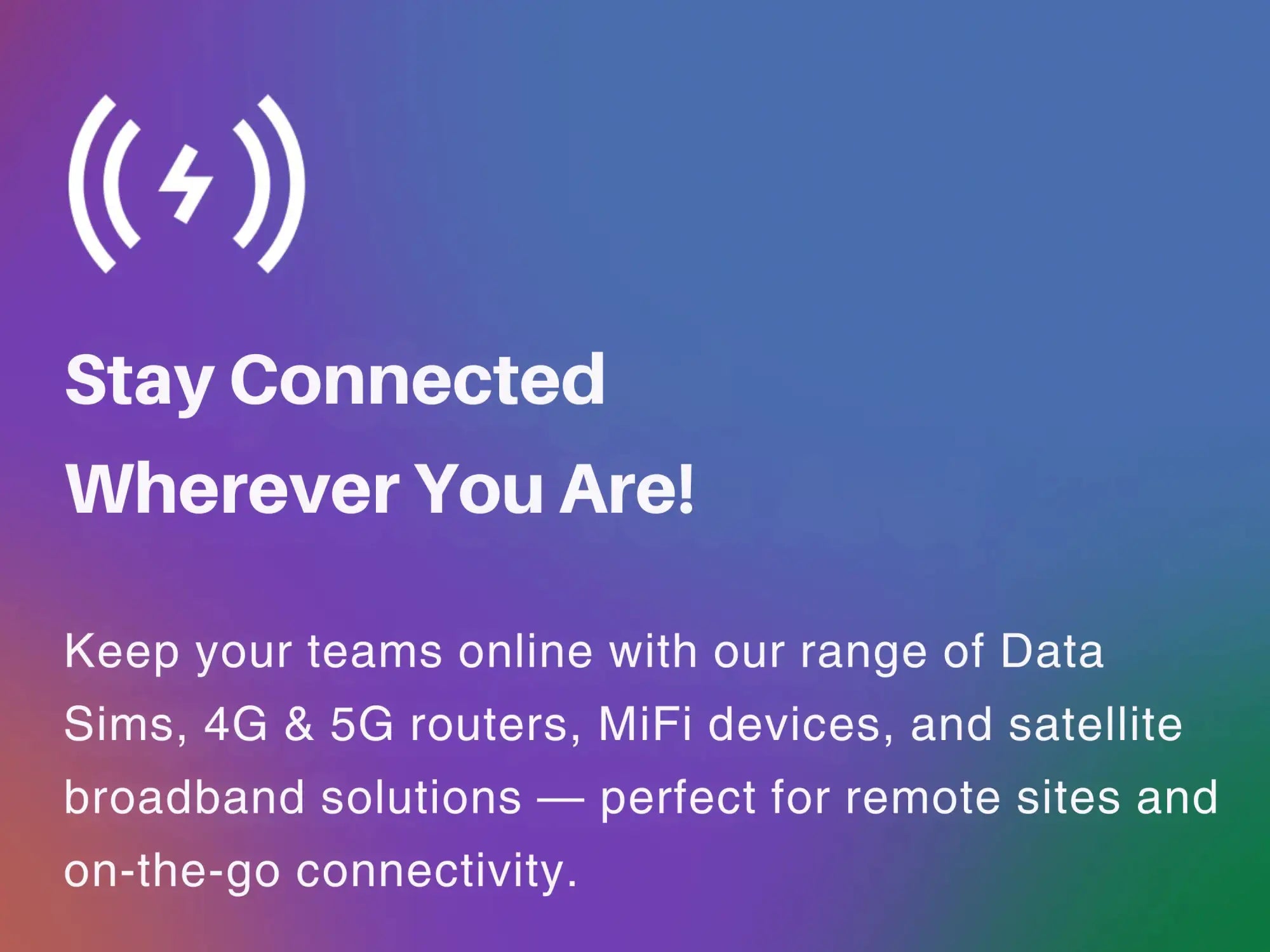 The image features a gradient background transitioning from purple to blue, with white text and an icon of concentric arcs surrounding a lightning bolt.