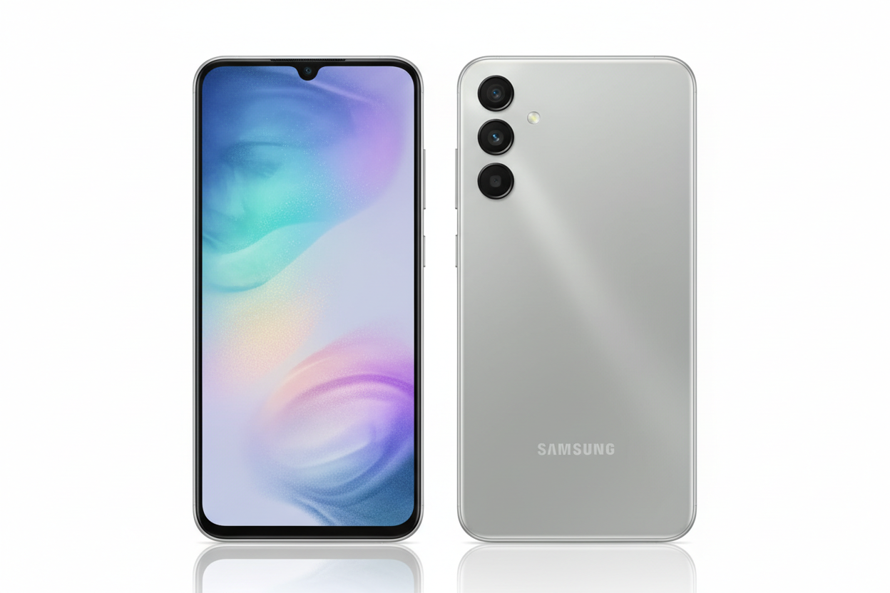 Samsung Galaxy A56 5G smartphone Awesome Lightgray color,front and back display white background