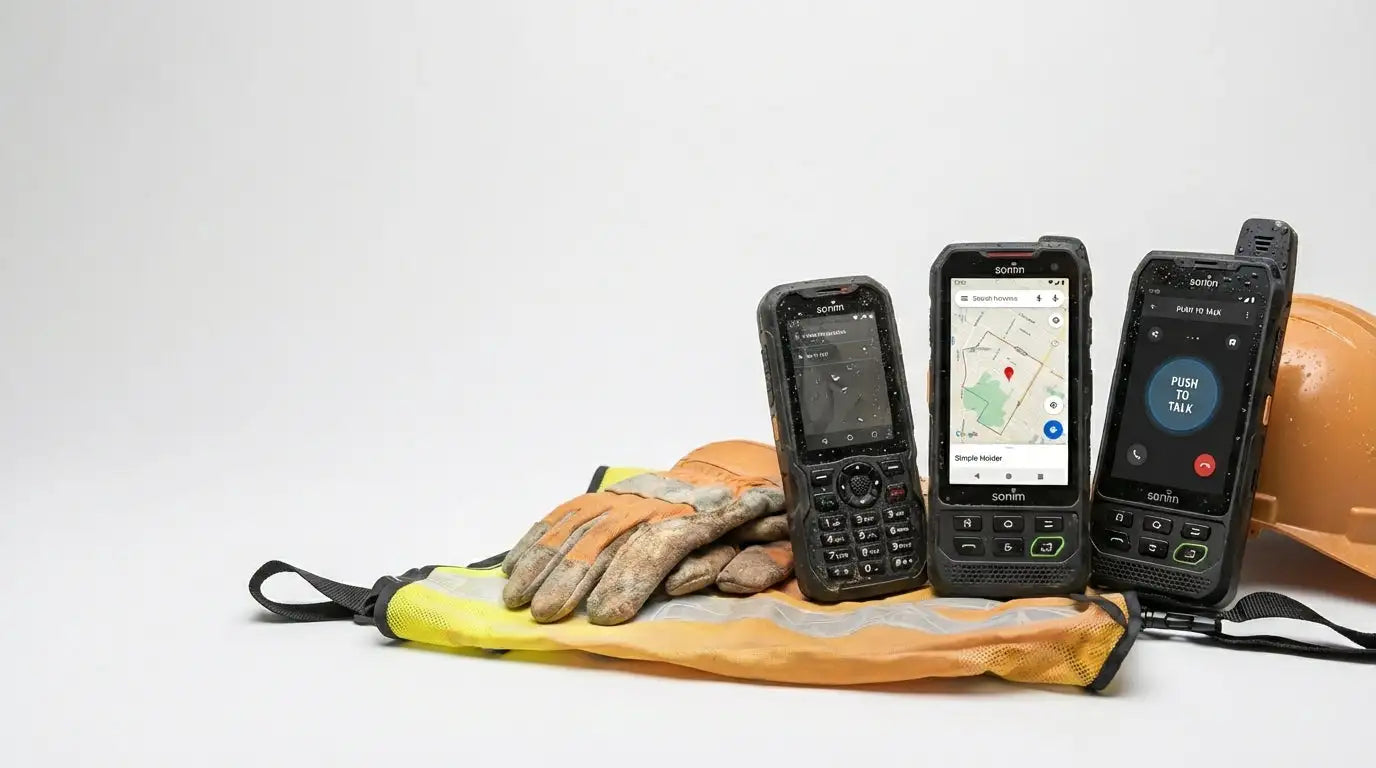 Three black rugged smartphones with visible screens displaying maps and communication interfaces, arranged on a yellow safety vest next to work gloves and an orange hard hat.