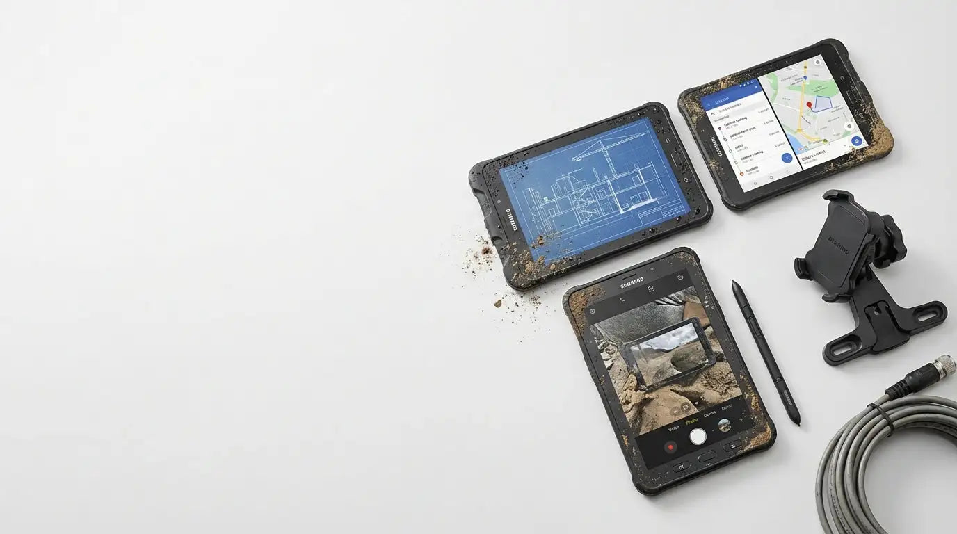 Three rugged, black-framed tablets with dirt-smudged screens displaying various apps and a stylus beside them.